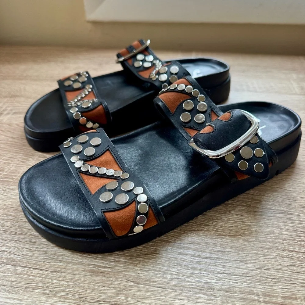 New Free People Revelry Studded Leather Buckle Sandals Black Size 8